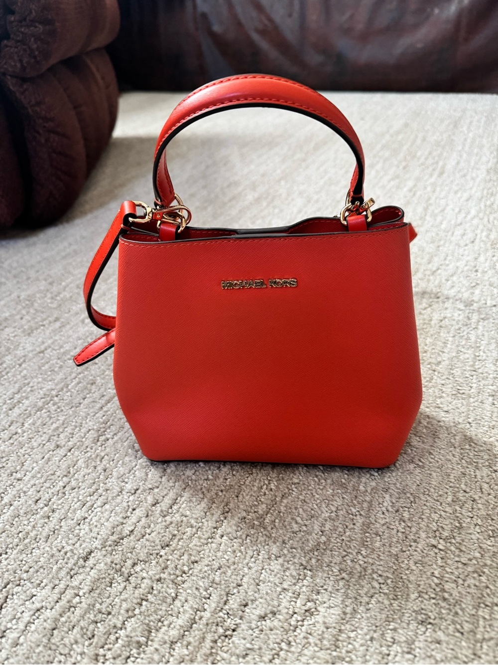 Michael Kors Orange Mini Top-Handle Bag with Gold Hardware. Autumn